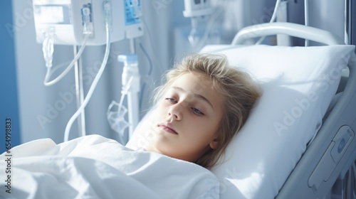 Blonde-haired girl lying alert in a hospital bed, amidst intricate medical machinery, illustrating hope and contemplation.. Stop the disease.