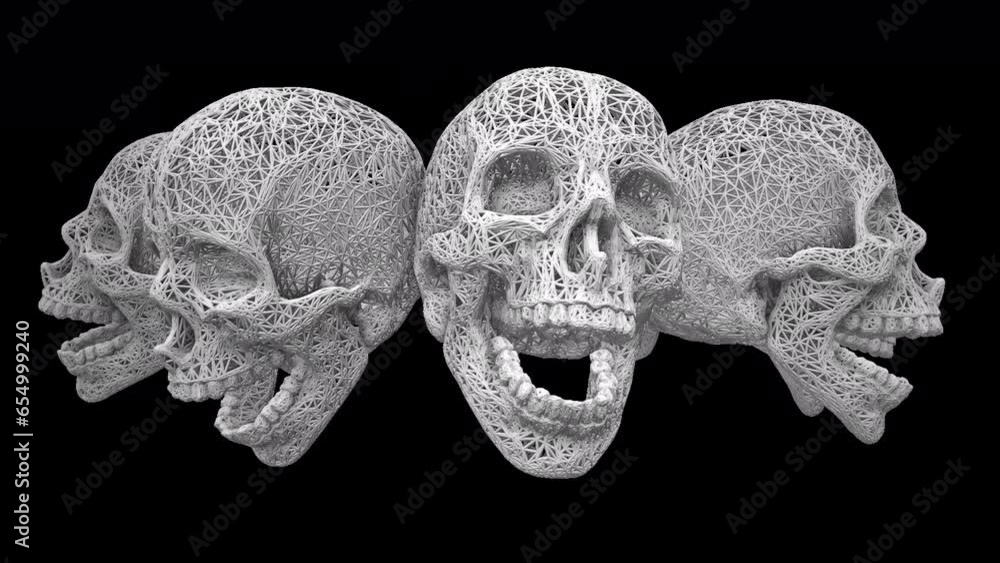White Structured Skulls spinning around with transparent (alpha) background