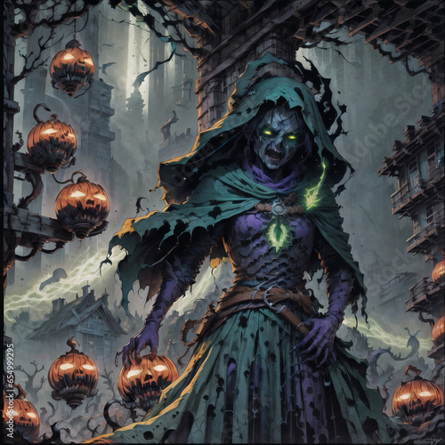 Haunted Garden of Witches: Bark-Skinned Witches Amidst Jack-o'-Lanterns