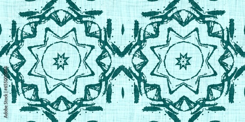 Teal green white vibrant watercolor batik azulejos tile border banner background. Seamless aqua coastal blur linen effect geometric mosaic effect.Boho Patchwork nautical masculine summer ribbon trim. 