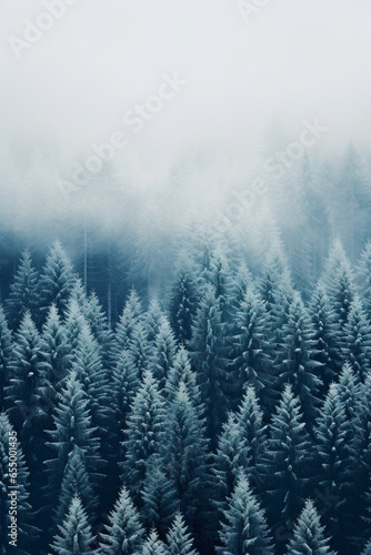 Pine trees in the fog - dark forest with dramatic light - generative AI © chris3d