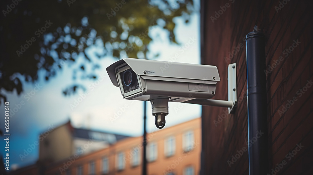 CCTV white Camera, School, Brick Wall, High-Tech Surveillance - Generative AI CCTV white Camera, School, Brick Wall, High-Tech Surveillance - Generative AI