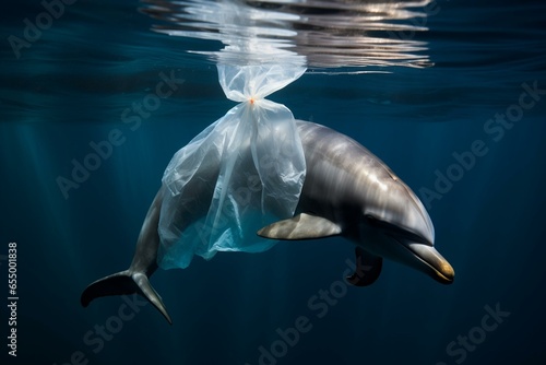 A dolphin swims with a plastic bag  symbolizing water pollution and the importance of sustainable practices and recycling. Generative AI