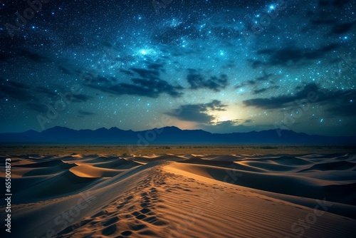 Desert landscape with rolling sand dunes under a starry night sky. Generative AI
