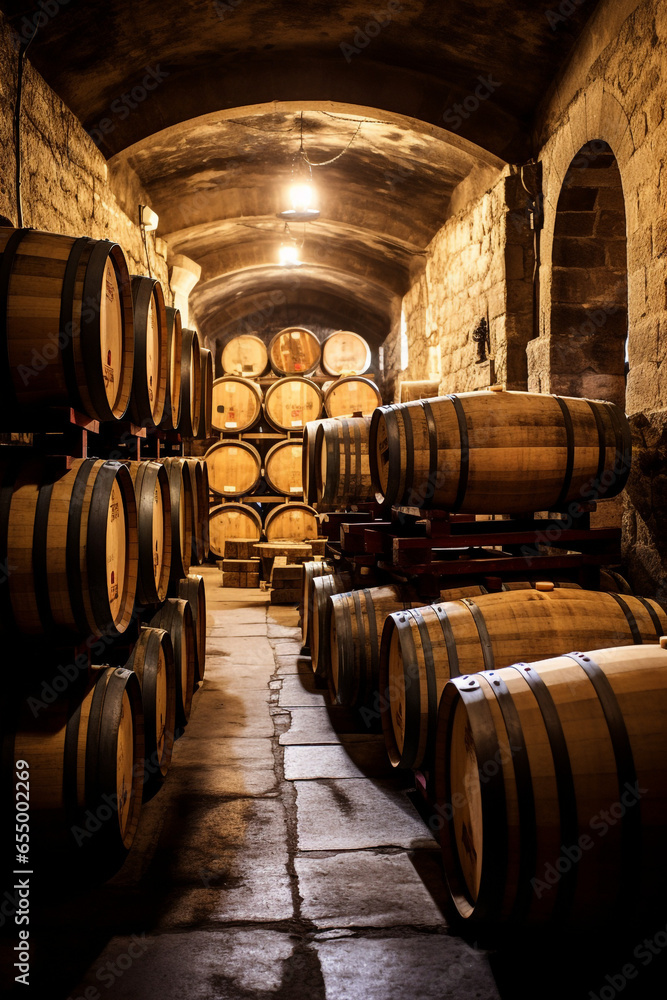 Old french oak wooden barrels in underground cellars for wine aging process, Vintage Barrels and Casks in Old Cellar: A Spanish Winery's Perfect Storage for Aging Delicious Wine. High quality photo