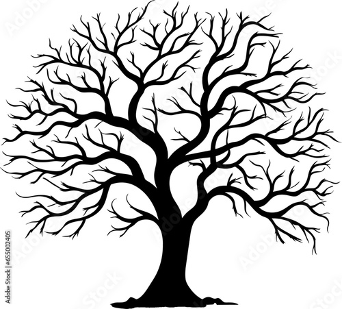 Silhouette of one wide massive old oak tree without leaves isolated illustration, black majestic oak without foliage with a rough trunk and big crown