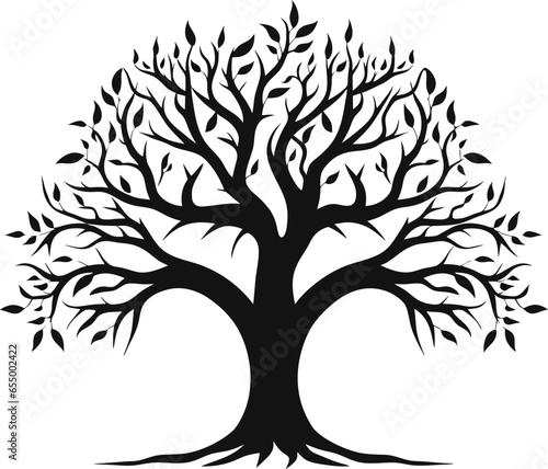 Silhouette of one wide massive old oak tree without leaves isolated illustration, black majestic oak without foliage with a rough trunk and big crown