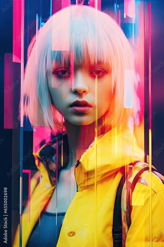 Fototapeta premium Glitch portrait, asian youth modern clothes, vibrant colors, white hair contrasting beautifully