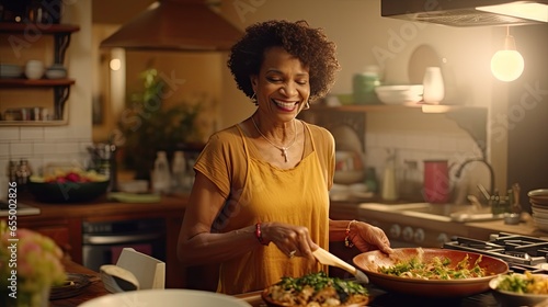 Fotografia, Obraz a mature black woman is engaged preparing food In a kitchen, showcasing her culi