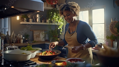 a mature black woman is engaged preparing food In a kitchen, showcasing her culinary expertise