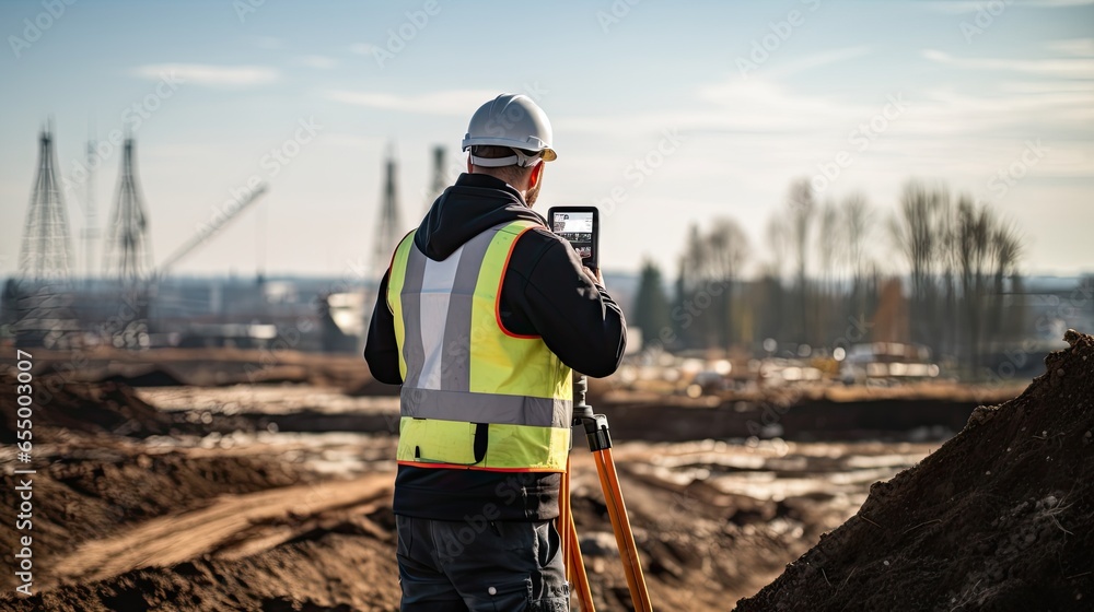 worker in a safety vest and hard hat is utilizing a surveying instrument to measure a construction - obrazy, fototapety, plakaty 
