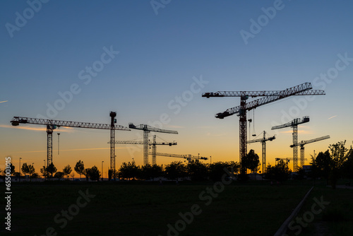 Silueta de conjunto de torres de grúas al atardecer en un terreno donde se están realizando obras de construcción de edificios residenciales.
