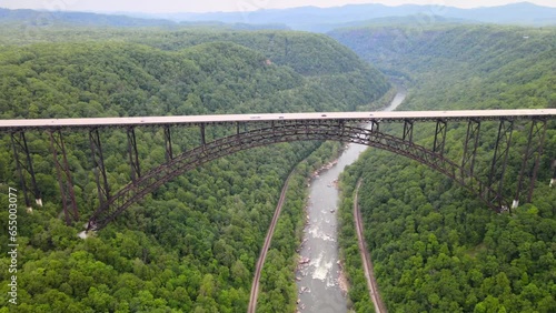 bridge over gorge and river in New River Gorge National Park and Preserve in West Virginia. Taken from  bird's eye view. photo
