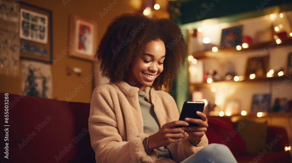 A young black woman smiles as she uses her phone, her eyes focused on the screen.