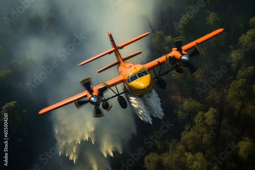 Aerial firefighting plane releasing orange fire retardants on lush foliage in wooded area. Generative AI photo