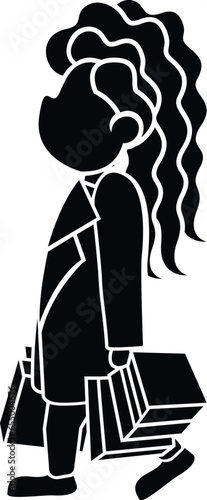 Cartoon Black and White Illustration Vector Of A Woman Walking Carrying Shopping Bags