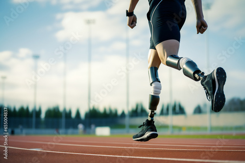 Paralympic athlete with two artificial legs running on an athletics track