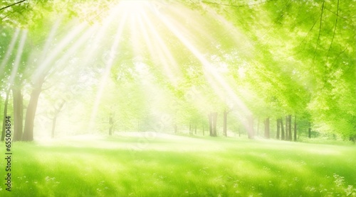 Defocused green trees in forest or park with wild grass and sun beams. Beautiful summer spring natural background. © Mariana