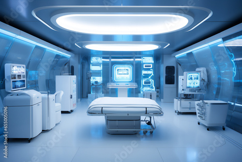 image of an empty futuristic operating room with blue and white illuminations