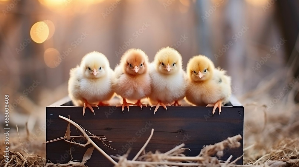 Cute little chickens on hay in a wooden box
