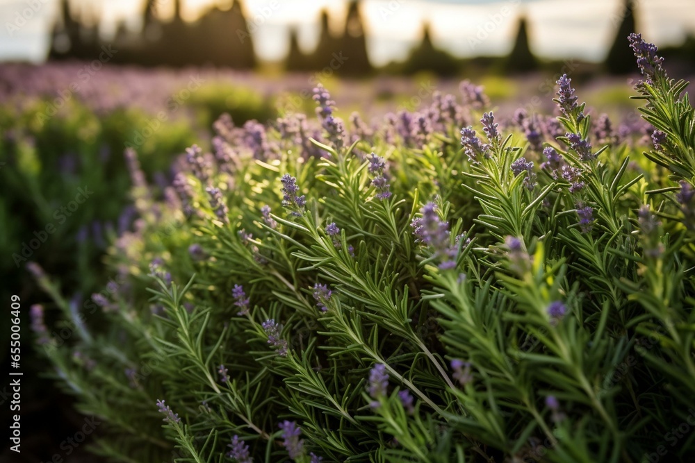 Naklejka premium Close-up of a thriving rosemary field. Generative AI