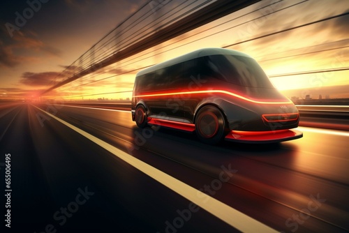 High-speed 3D van races on highway with emphasis on fuel efficiency. 3D rendering. Generative AI © Celestina