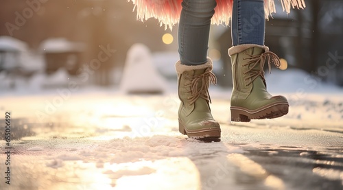 close up woman wearing winter boots walking in nature trail during late autumn  or early winter time, Generative Ai © QuietWord