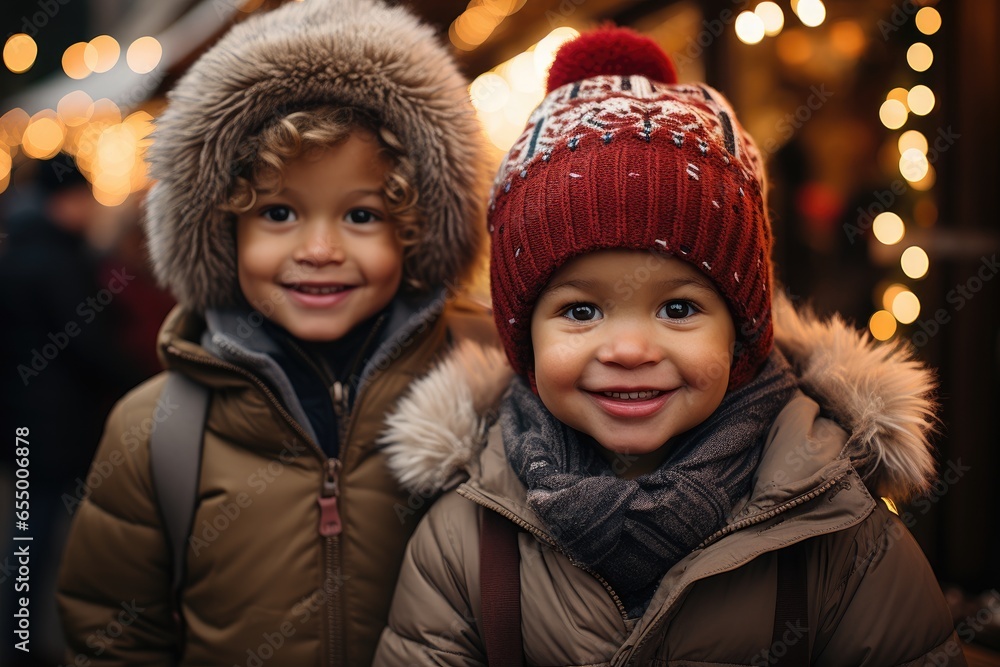 Holiday Excitement: Two Toddler Boy Children Exploring the Enchanting Christmas Market Holiday Excitement: Two Toddler Boy Children Exploring the Enchanting Christmas Market