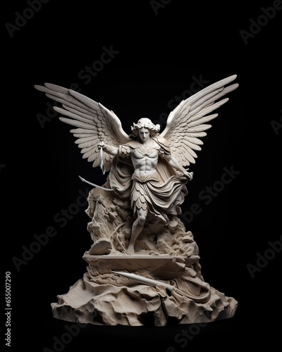 Archangel Stone Statue with Wings on a Black Background
