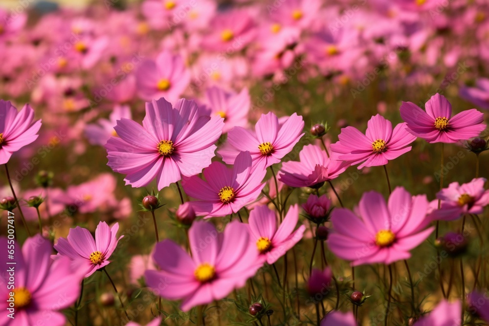 A beautiful field of pink flowers with a vivid yellow center amidst a backdrop of blurry pink flowers. Generative AI