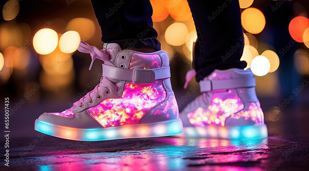 fun sneaker shoes with led light glow in pink blue tone color, Generative Ai - obrazy, fototapety, plakaty 