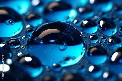 Blue liquid drops background. Macro wallpaper with space for text. Generative AI