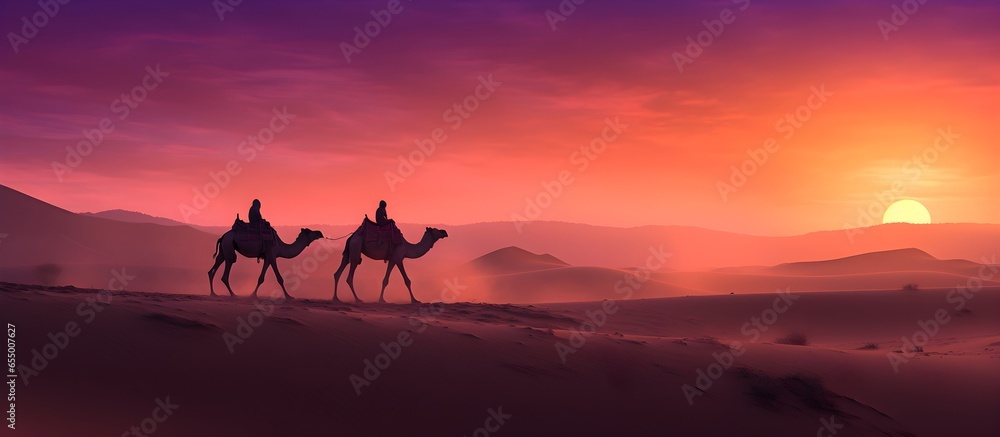 camels in the desert, Sahara, against the backdrop of a beautiful sunset, bright colors, screensaver for your computer desktop - obrazy, fototapety, plakaty 