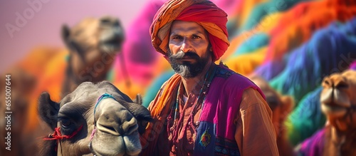 Hindu with camel, colorful portrait of desert in Rajasthan, India