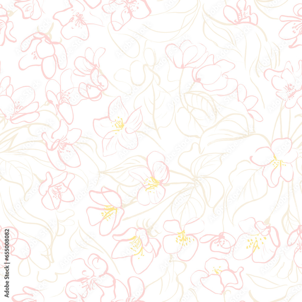 Hand drawn seamless pattern. Spring apple blossom flowers and leaves. Surface for textile, wallpaper, gift wrapping paper, decoration, card, print, wedding invitation, background. Hand drawn seamless pattern. Spring apple blossom flowers and leaves. Surface for textile, wallpaper, gift wrapping paper, decoration, card, print, wedding invitation, background.