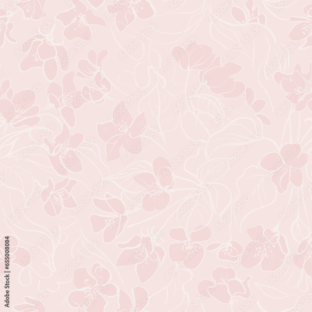 Hand drawn seamless pattern. Spring apple blossom flowers and leaves. Surface for textile, wallpaper, gift wrapping paper, decoration, card, print, wedding invitation, background.