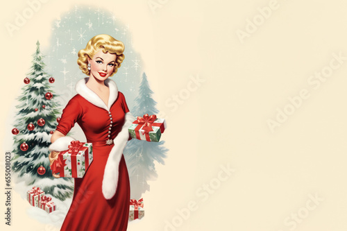 Stylish Vintage Woman Christmas Postcard created with Generative AI technology