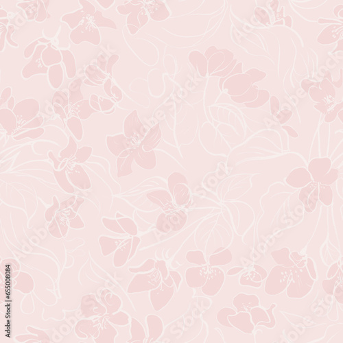 Hand drawn seamless pattern. Spring apple blossom flowers and leaves. Surface for textile, wallpaper, gift wrapping paper, decoration, card, print, wedding invitation, background.