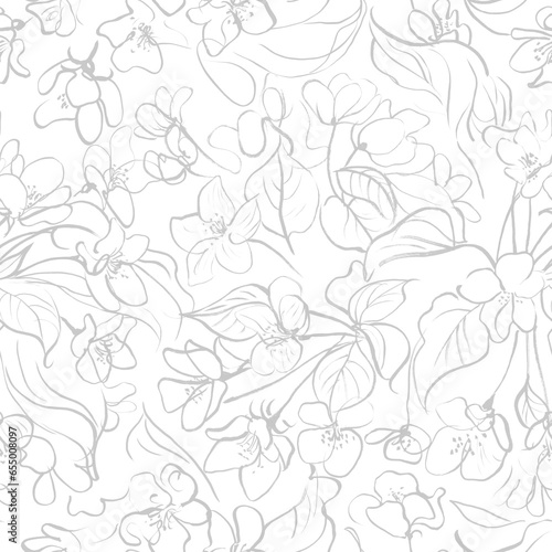 Hand drawn seamless pattern. Spring apple blossom flowers and leaves. Surface for textile, wallpaper, gift wrapping paper, decoration, card, print, wedding invitation, background.