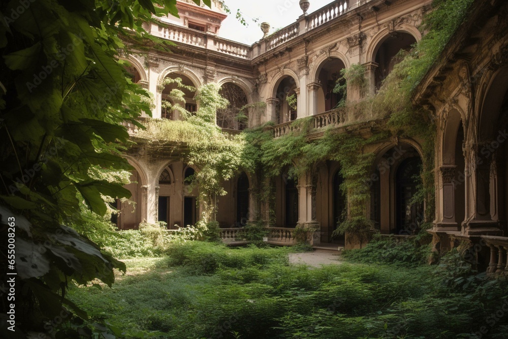 Palace adorned with plants. Generative AI