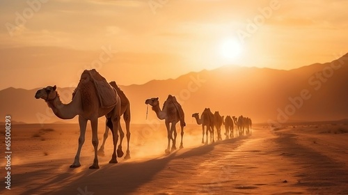 Camels crossing Sahara sands, sunsets warm the scene