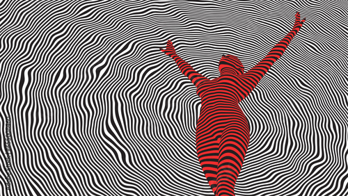 Striped female silhouette with raised arms. Abstract background.