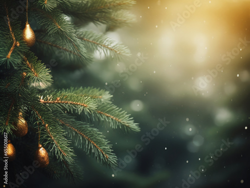 Background with pine tree branches and lights