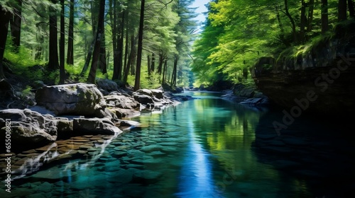 a pool of calm and clear water, nestled in a shady forest 
