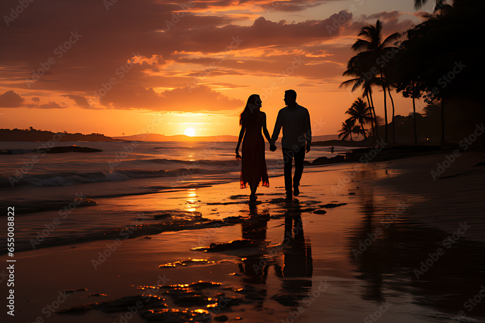 The setting is beautiful with the enchanting sunset casting a warm golden light over the serene landscape. A husband and wife walk hand in hand along the beach, the gentle waves caressing their feet.