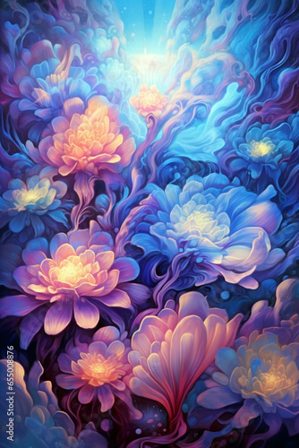 Beautiful fantasy flowers. Fantasy floral background. Digital painting. 