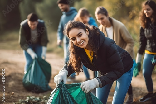 Team of young and diversity volunteer worker group enjoy charitable social work outdoor in cleaning up garbage and waste separation project.