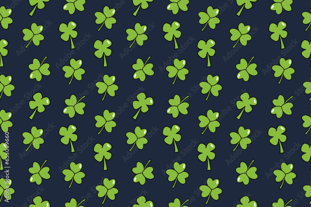 Seamless pattern with four and tree leaf clovers on dark blue background. St Patrick's Day symbol, Irish lucky shamrock background. Cartoon vector illustration