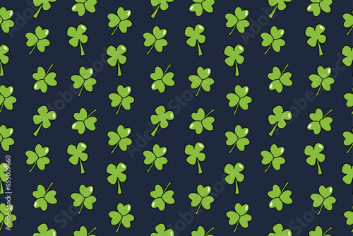 Seamless pattern with four and tree leaf clovers on dark blue background. St Patrick's Day symbol, Irish lucky shamrock background. Cartoon vector illustration