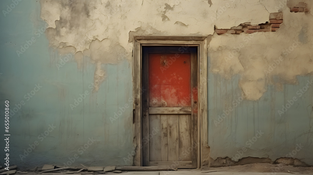 The dilapidated wall of the building and the wooden door require major repairs. Facade of a house with damaged plaster. Photophone for retro shooting. Illustration for cover, card, interior design.